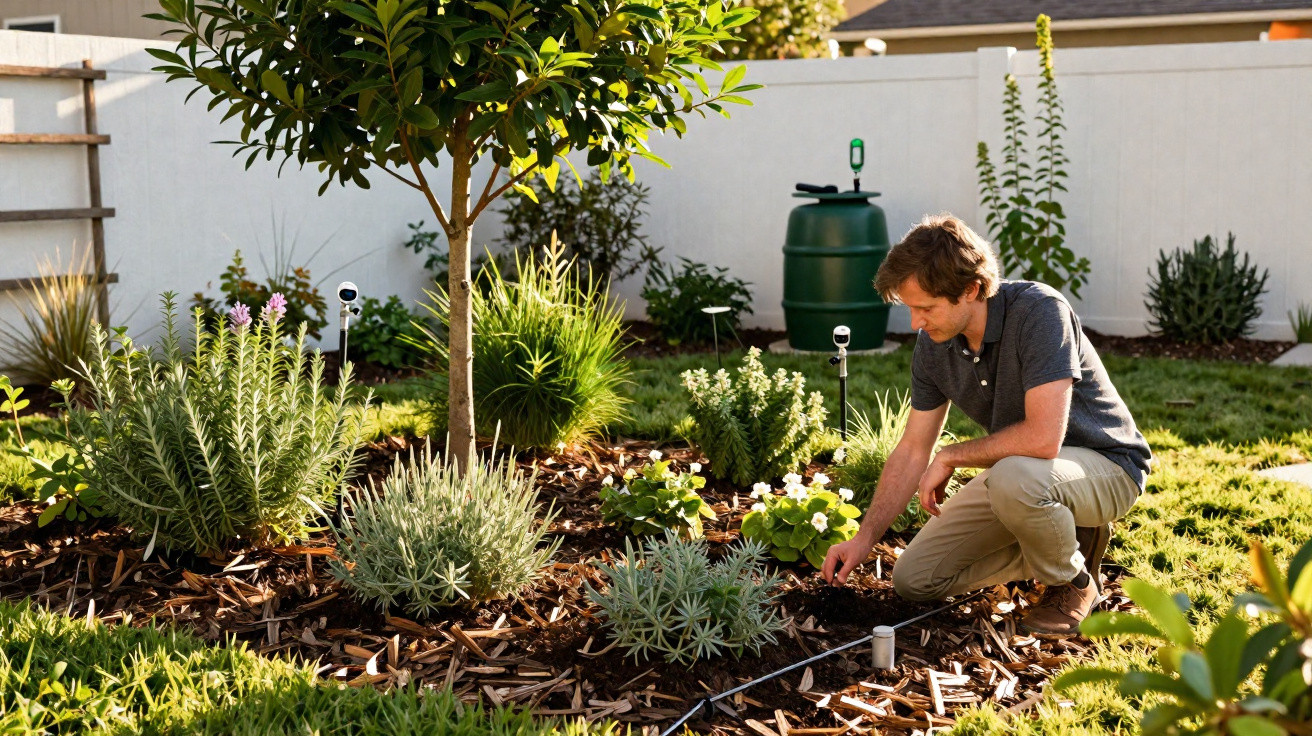 Homem cuidando de plantas em jardim com regador automático e árvore ao centro.