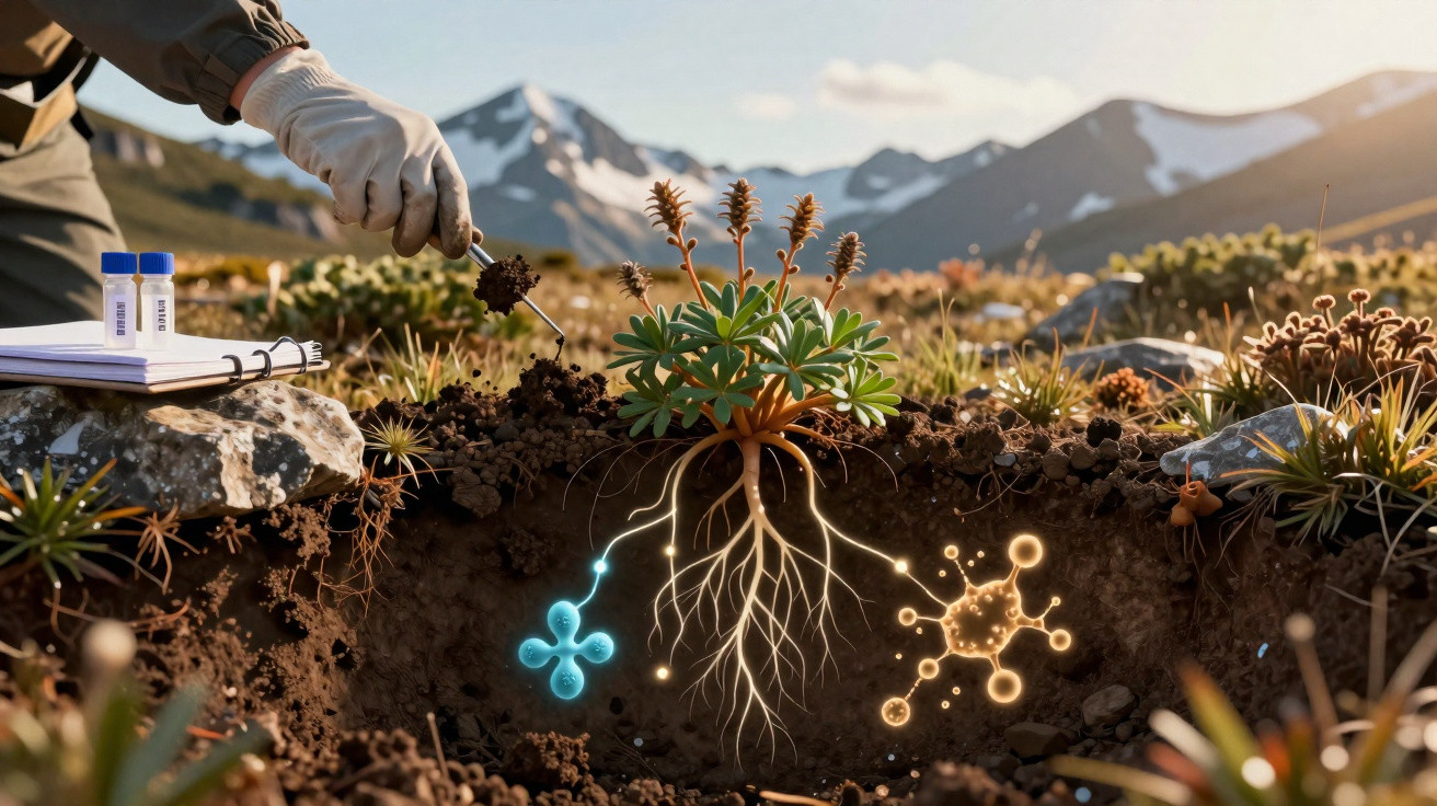 Pesquisa científica em área montanhosa com análise digital das raízes e micro-organismos do solo ao redor da planta.