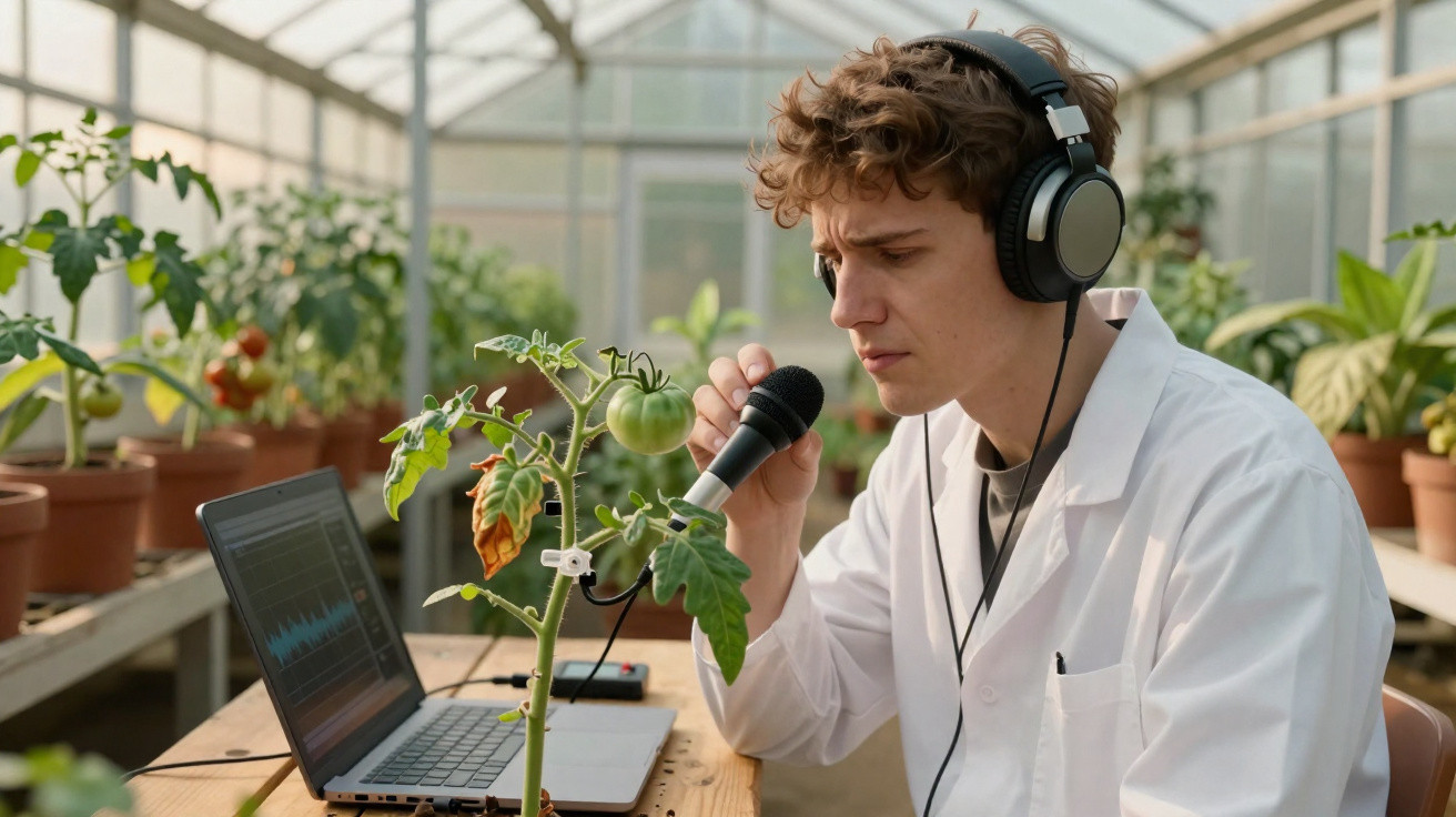 Pesquisador em laboratório com planta de tomate, usando fones e microfone para analisar crescimento.