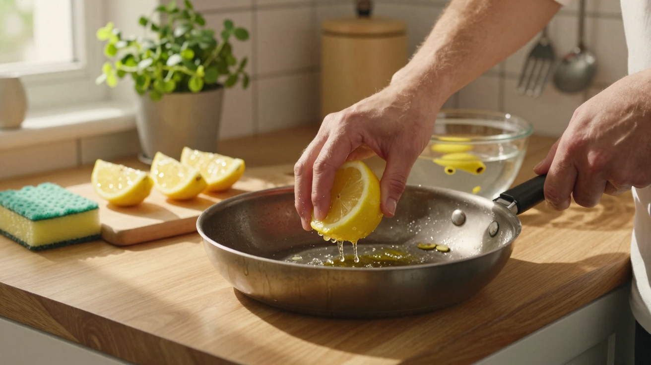 Pessoa espremendo limão em frigideira na cozinha com esponja e plantas ao fundo.