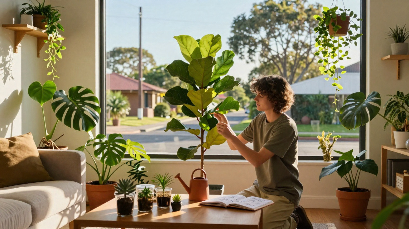 Jovem cuidando de planta em vaso dentro de sala iluminada com janela ampla e várias plantas ao redor.