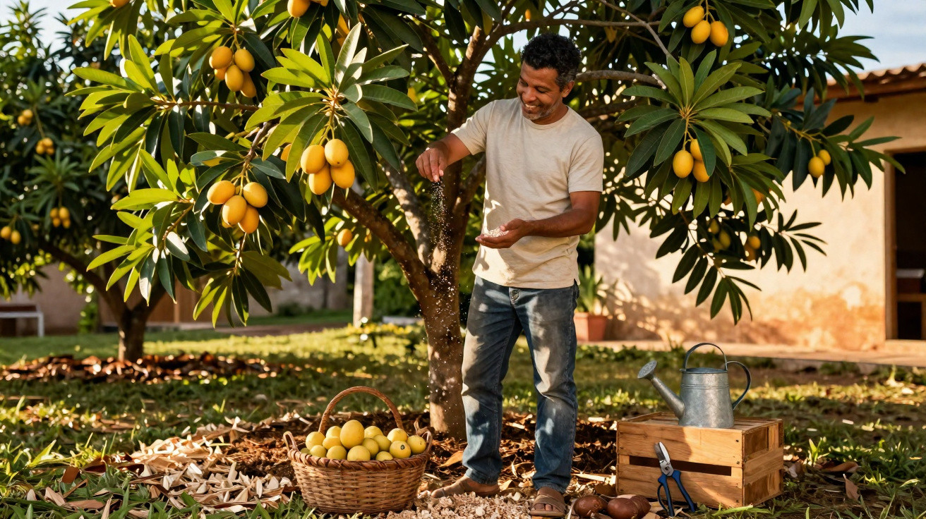 Homem espalhando sementes perto de cesta com frutos amarelos sob árvore frutífera em jardim ensolarado.