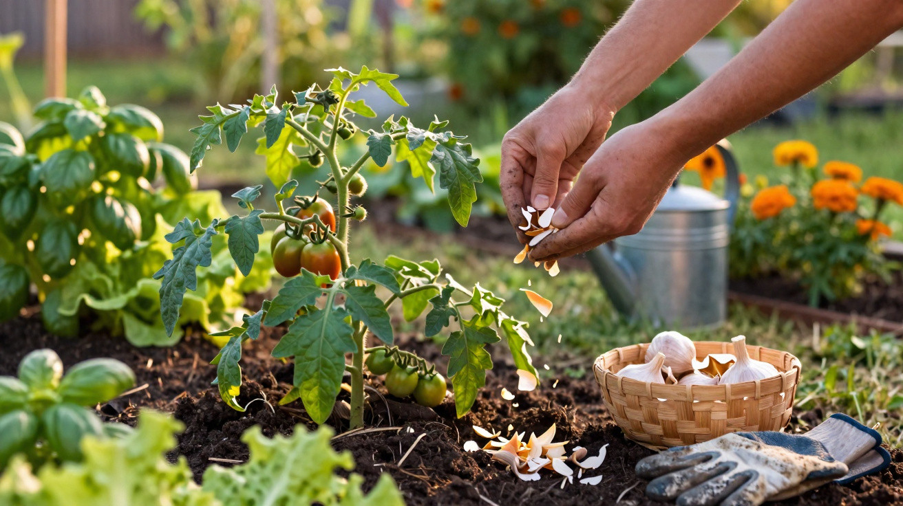 Mãos espalhando cascas de ovo no solo ao lado de planta de tomate em jardim com regador e cesta de alho.
