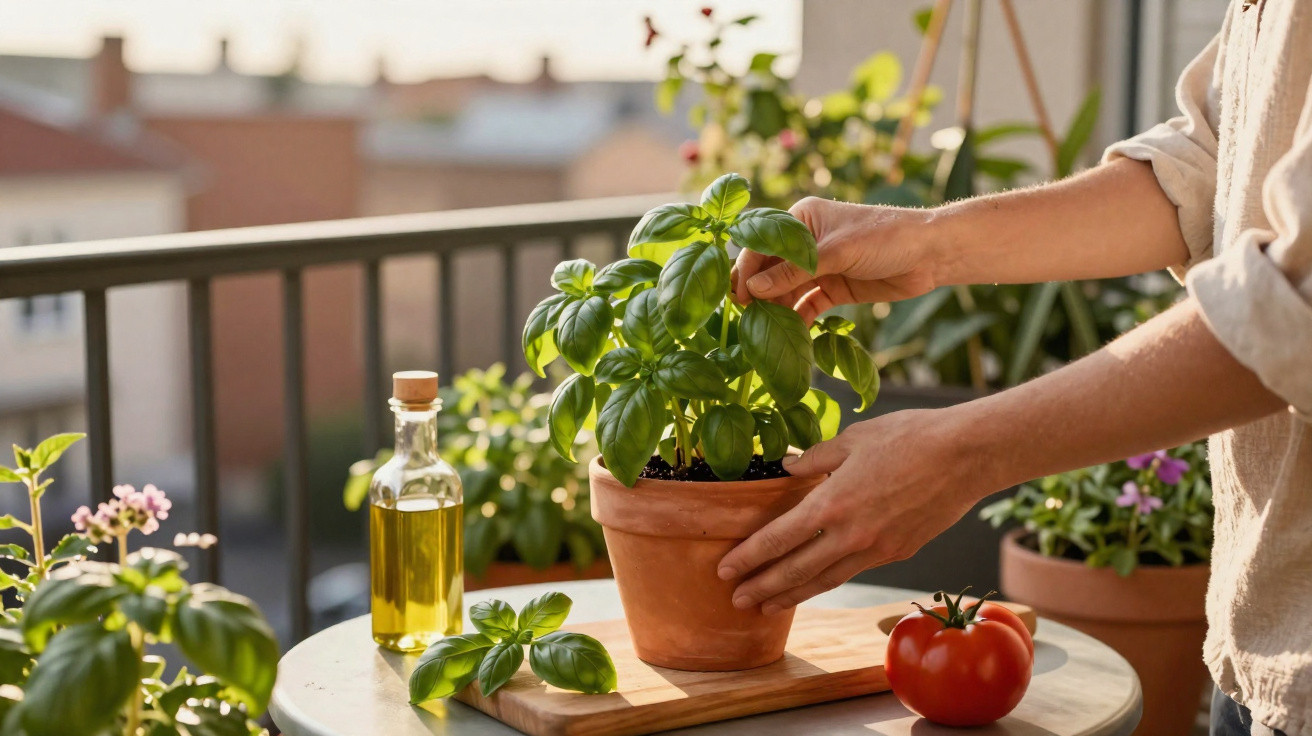 Pessoa cuidando de hortelã em vaso de barro em varanda com azeite e tomate ao lado.
