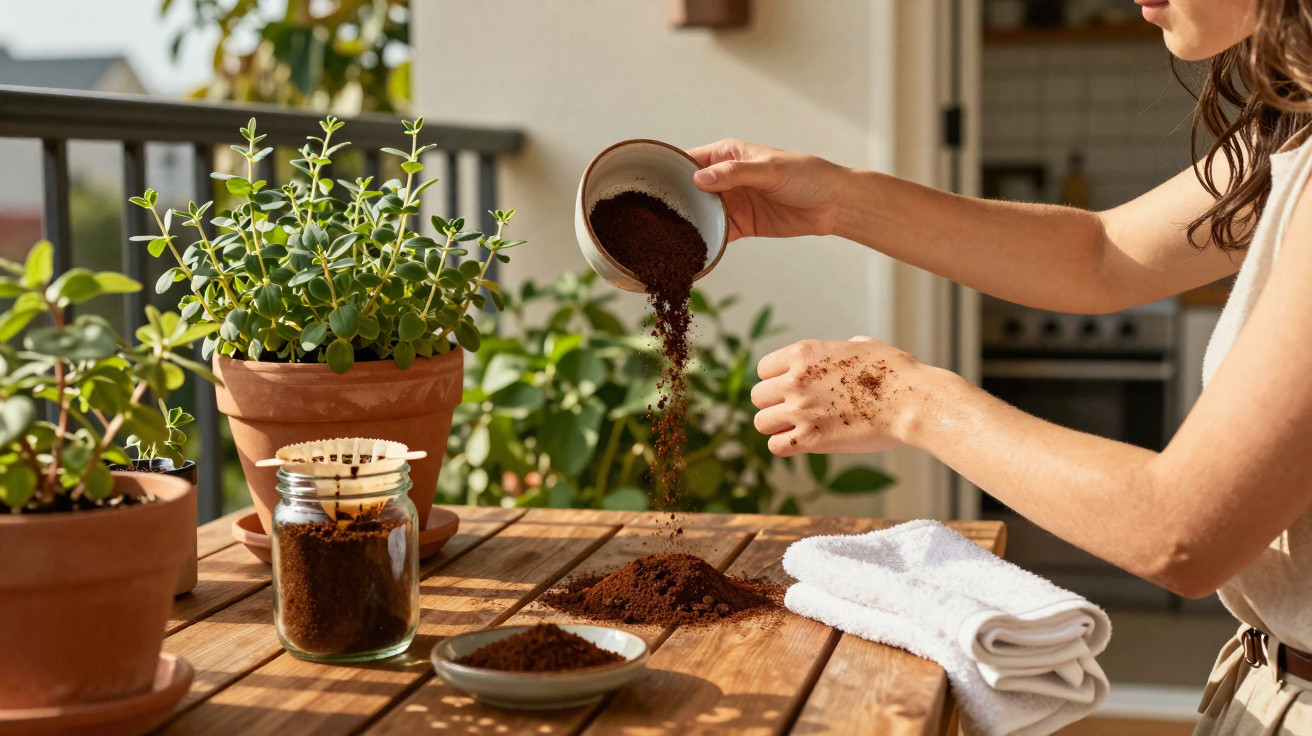 Pessoa segurando pote e despejando borra de café sobre mesa de madeira ao lado de plantas em vasos terracota.