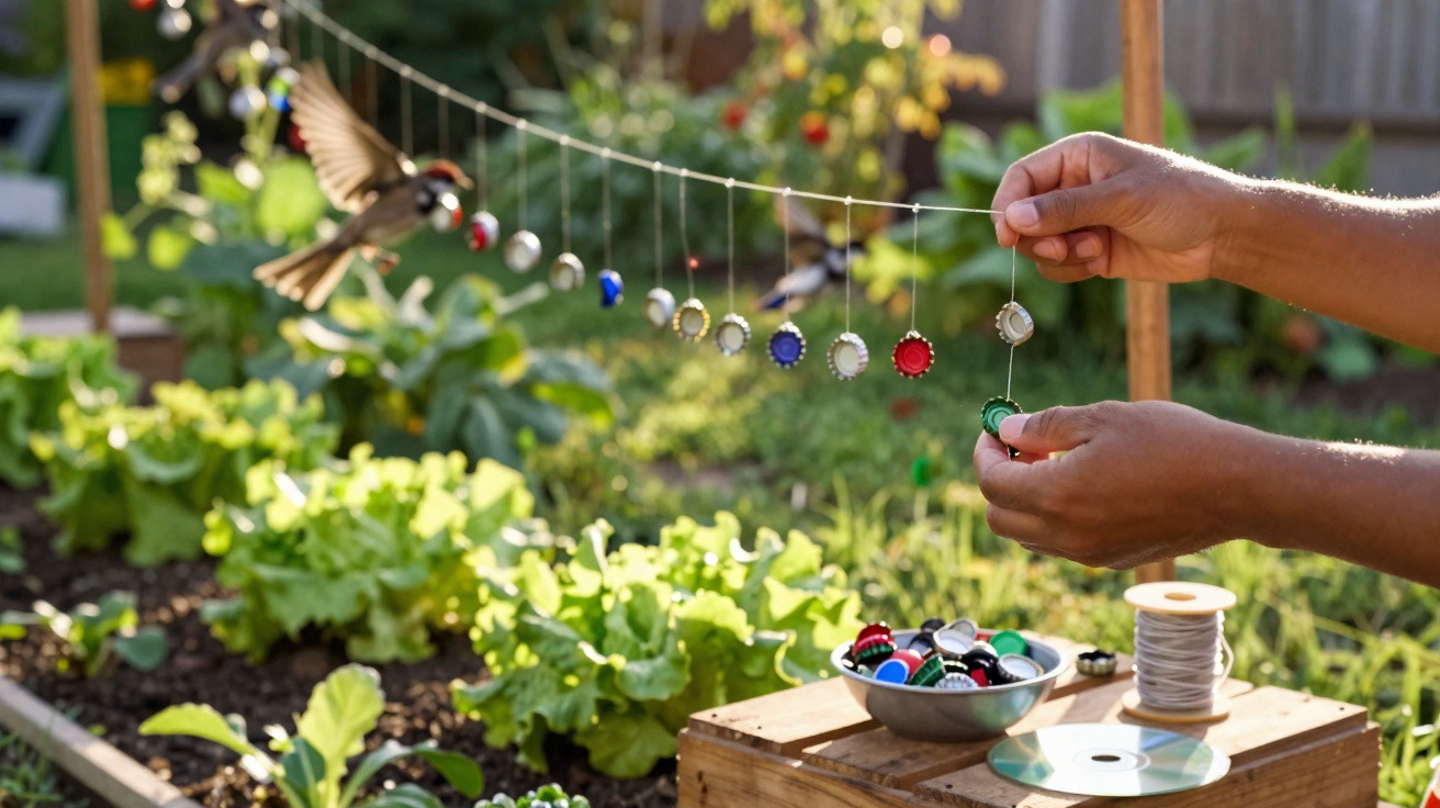 Mãos segurando cordão decorado com tampinhas coloridas em jardim, com pássaro voando próximo.