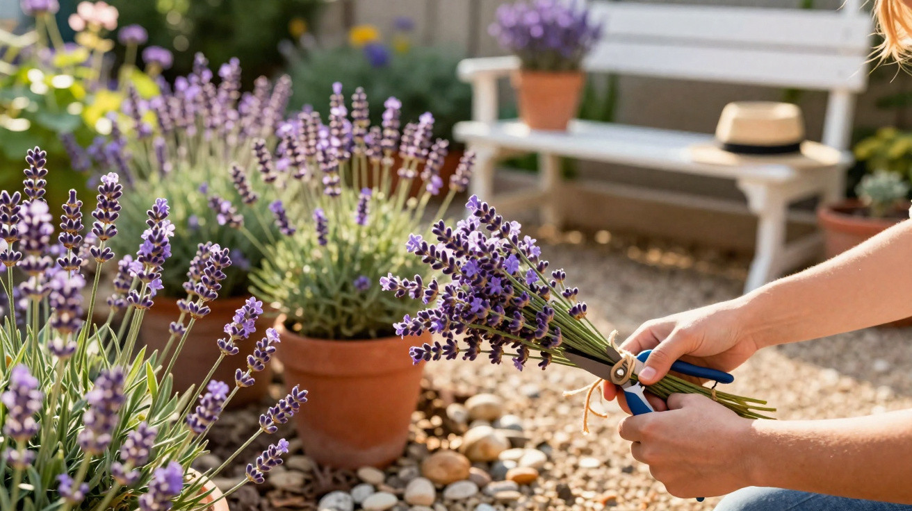 Pessoa colhendo flores de lavanda em jardim ensolarado com vaso e banco branco ao fundo.