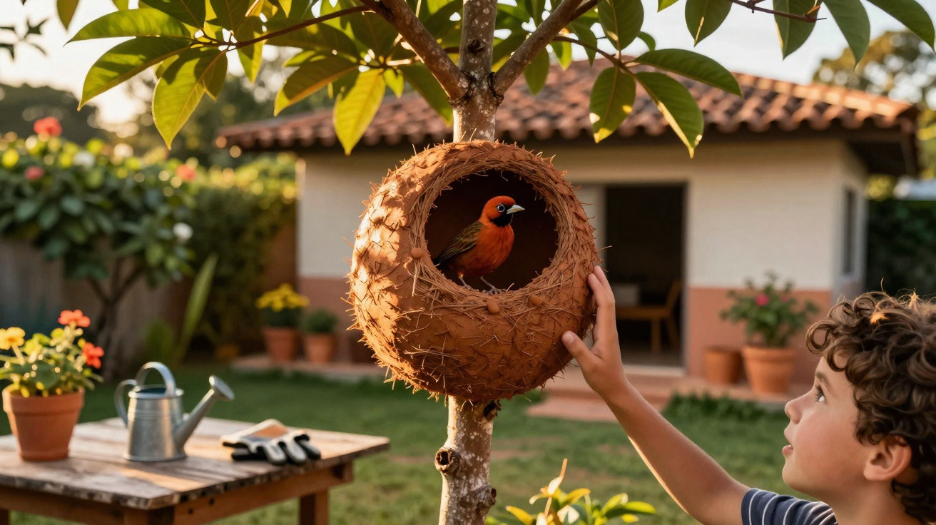 Menino observando pássaro laranja dentro de ninho artesanal pendurado em árvore no jardim.