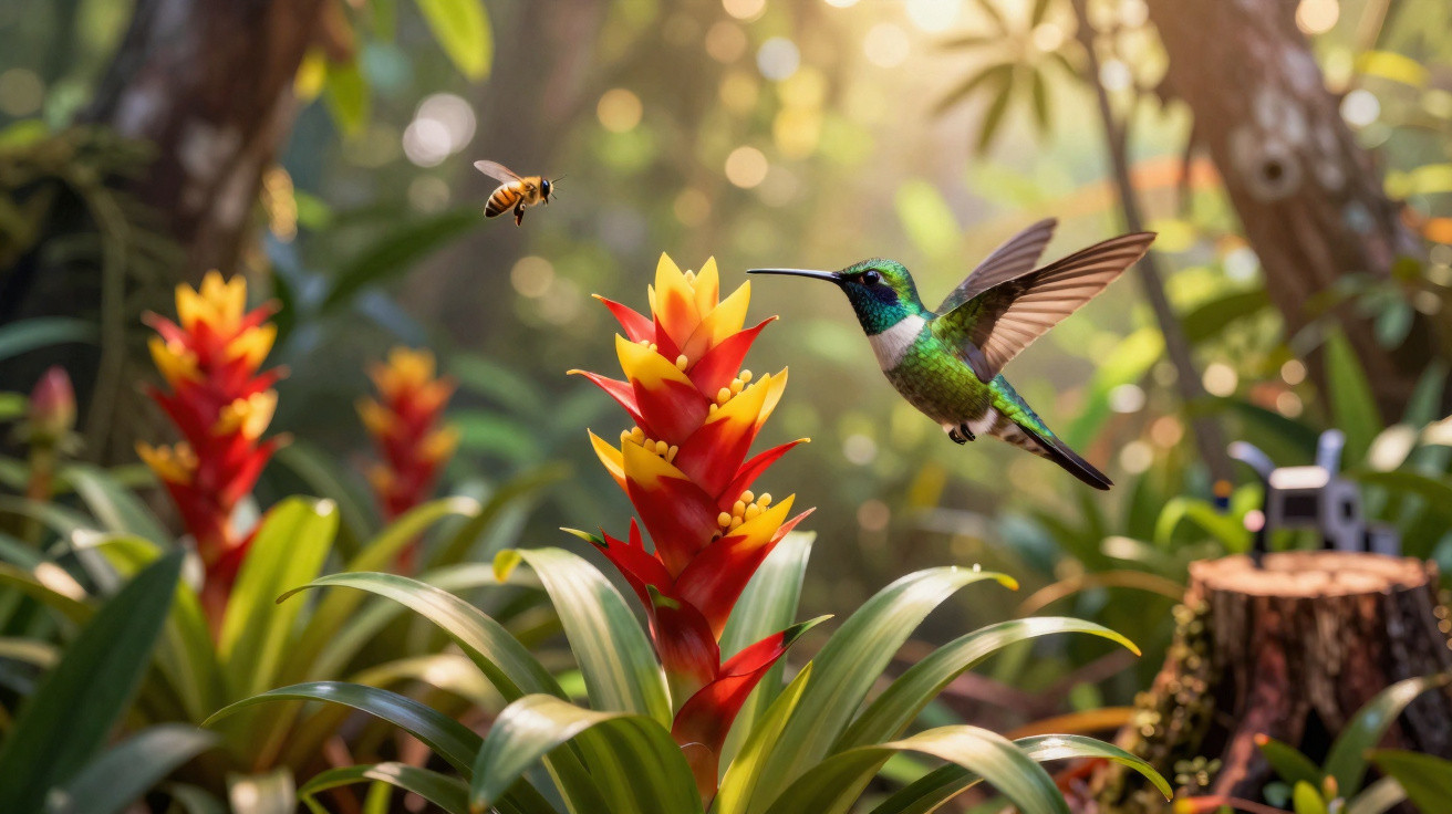 Beija-flor verde voando próximo a flor vermelha e amarela, com abelha e folhagens ao fundo.