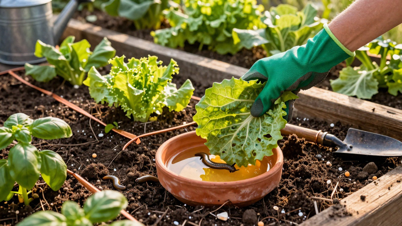 Pessoa usando luva verde removendo folha verde cheia de lesões para molhar em recipiente com líquido em horta.