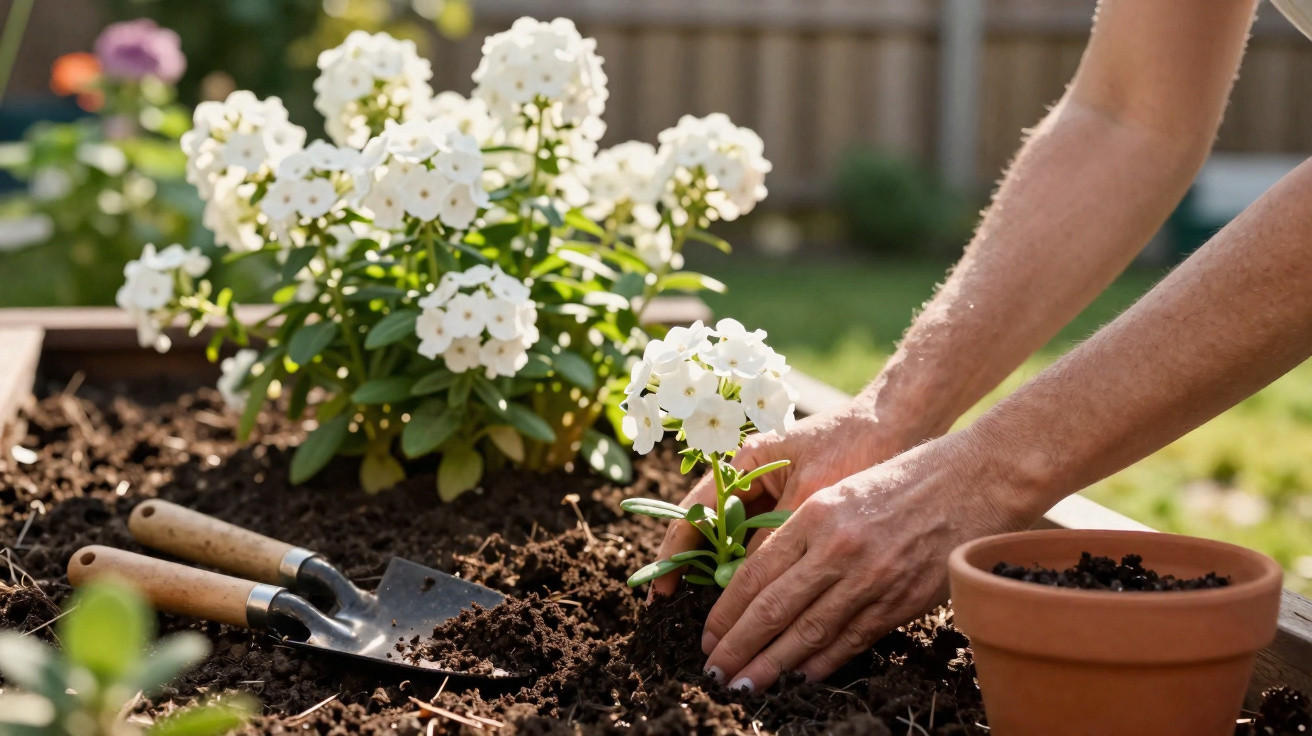 Mãos plantando flores brancas em canteiro de terra com ferramentas de jardinagem ao lado.