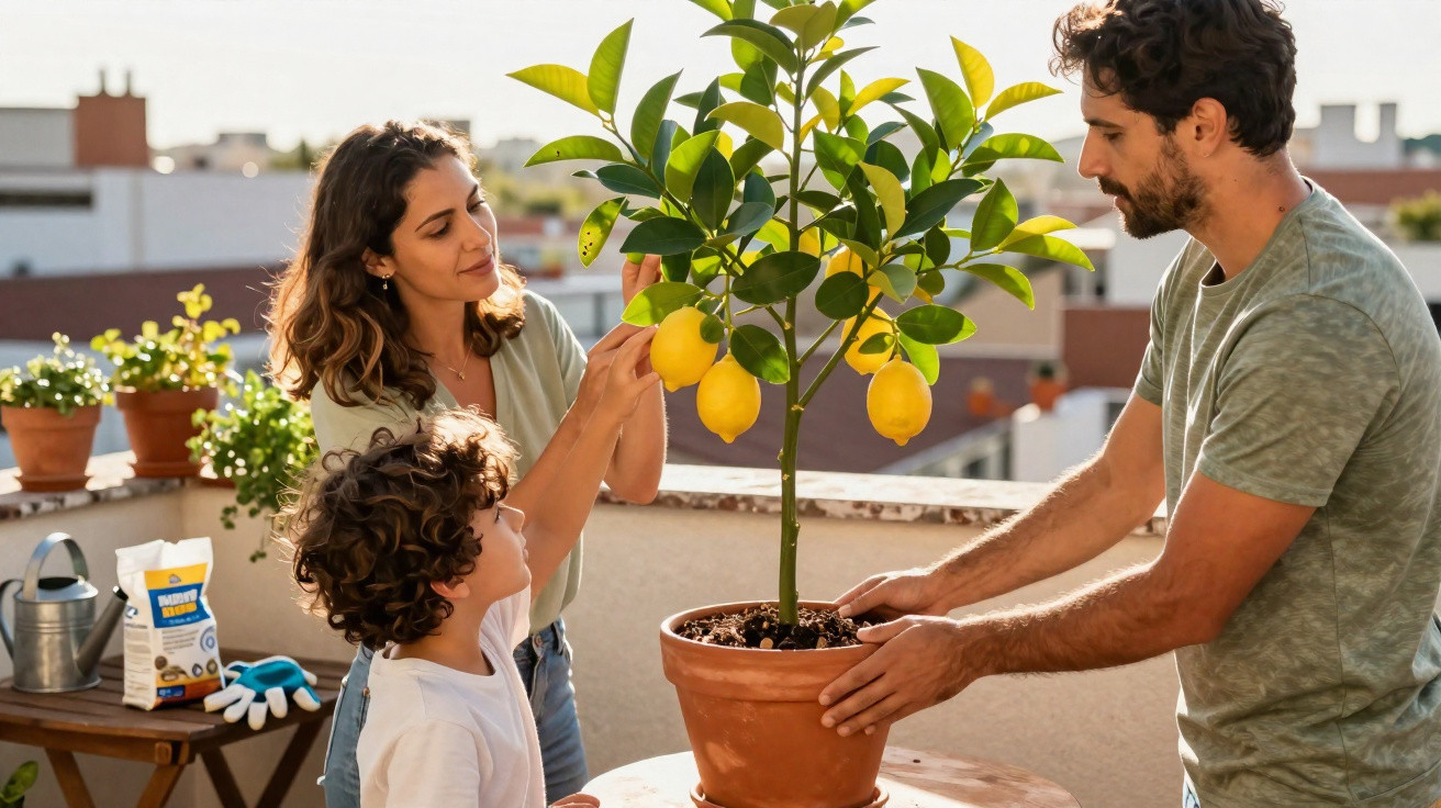 Família cuidando de uma muda de limoeiro em vaso no terraço ensolarado de casa.