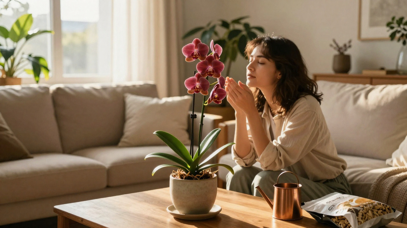 Mulher sentada no sofá admirando uma orquídea rosa em vaso sobre mesa de madeira na sala iluminada.