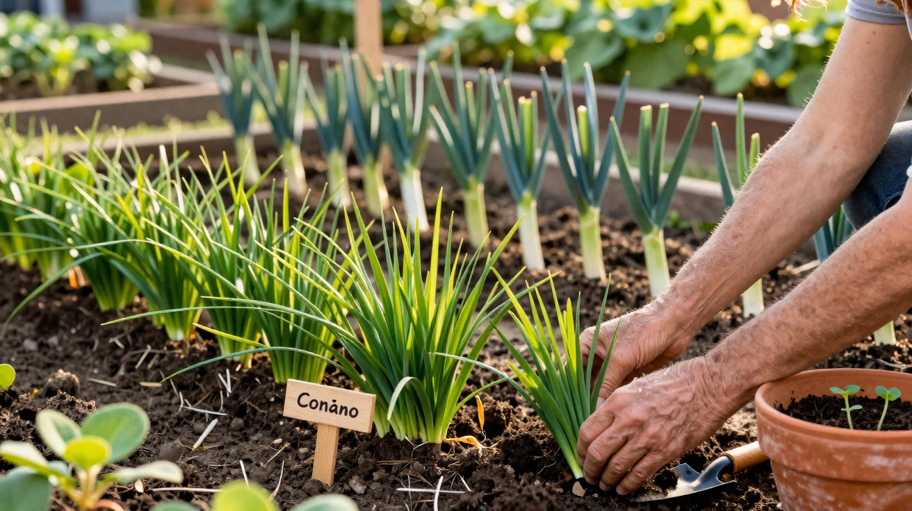 Mãos plantando cebolinha em canteiro de jardim com placa escrita "Coñano" e terra fértil.