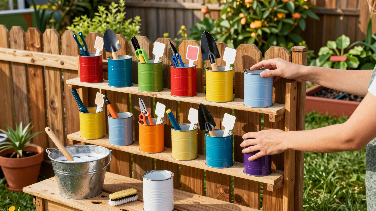 Latas coloridas organizadas em prateleiras com ferramentas de jardinagem e uma mão ajustando uma lata azul.