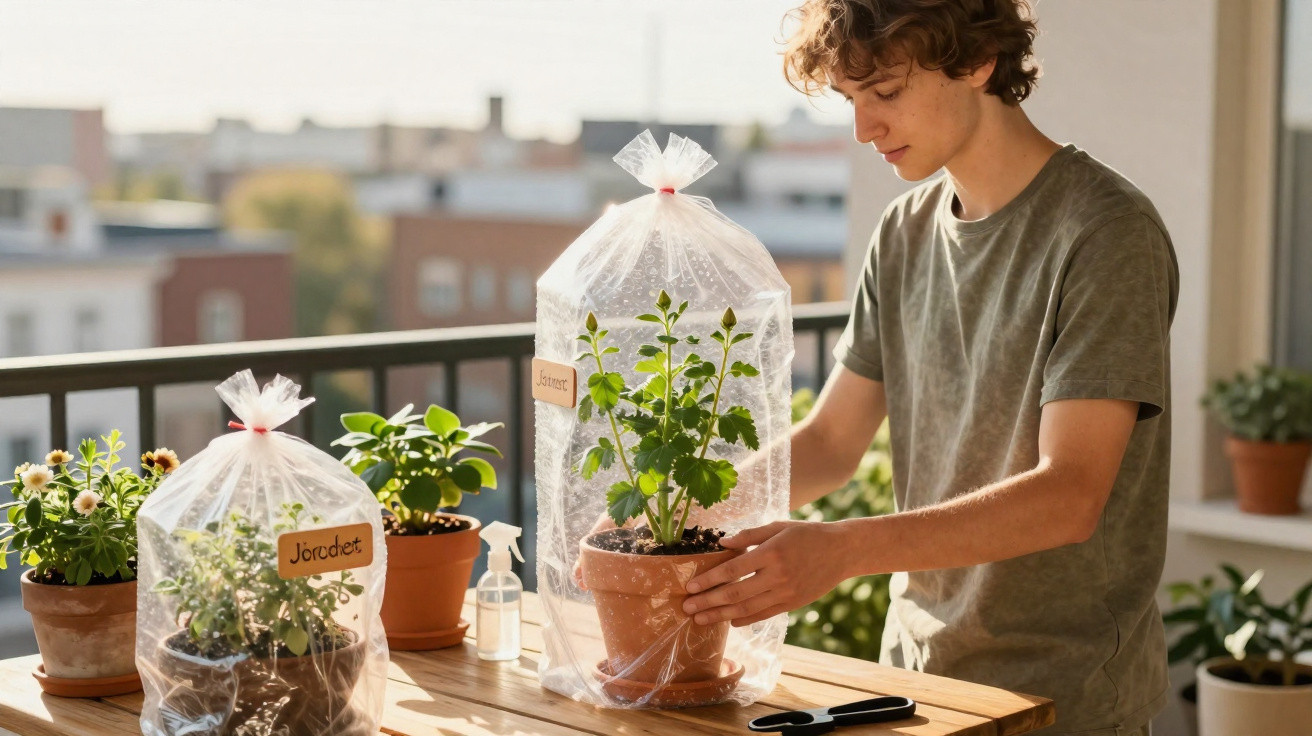 Jovem cuidando de plantas em vasos protegidos por coberturas transparentes em varanda ensolarada.