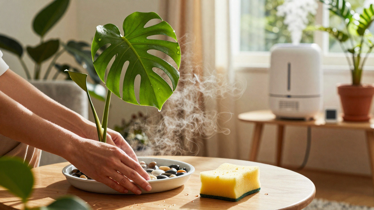 Mãos arrumando plantas em vaso com pedras dentro, esponja amarela e umidificador no fundo em sala iluminada.