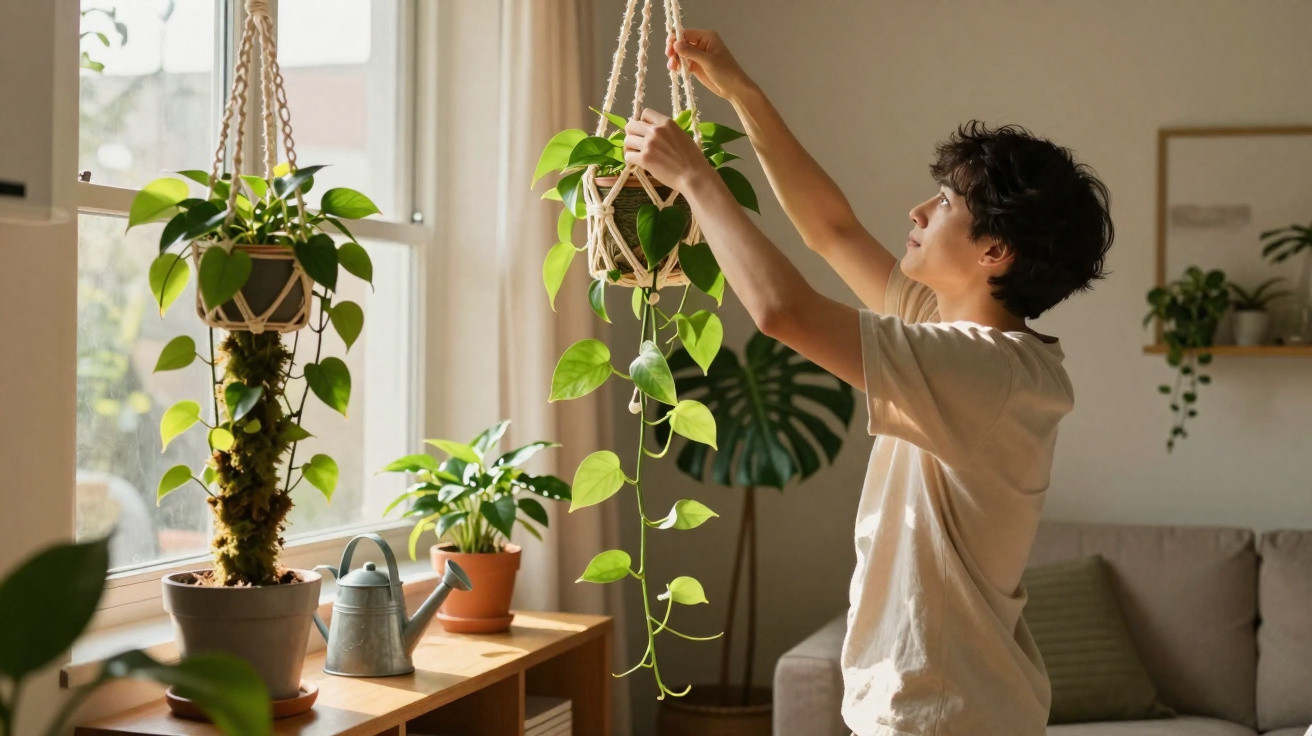 Pessoa cuidando de planta pendurada em vaso em ambiente interno com luz natural.