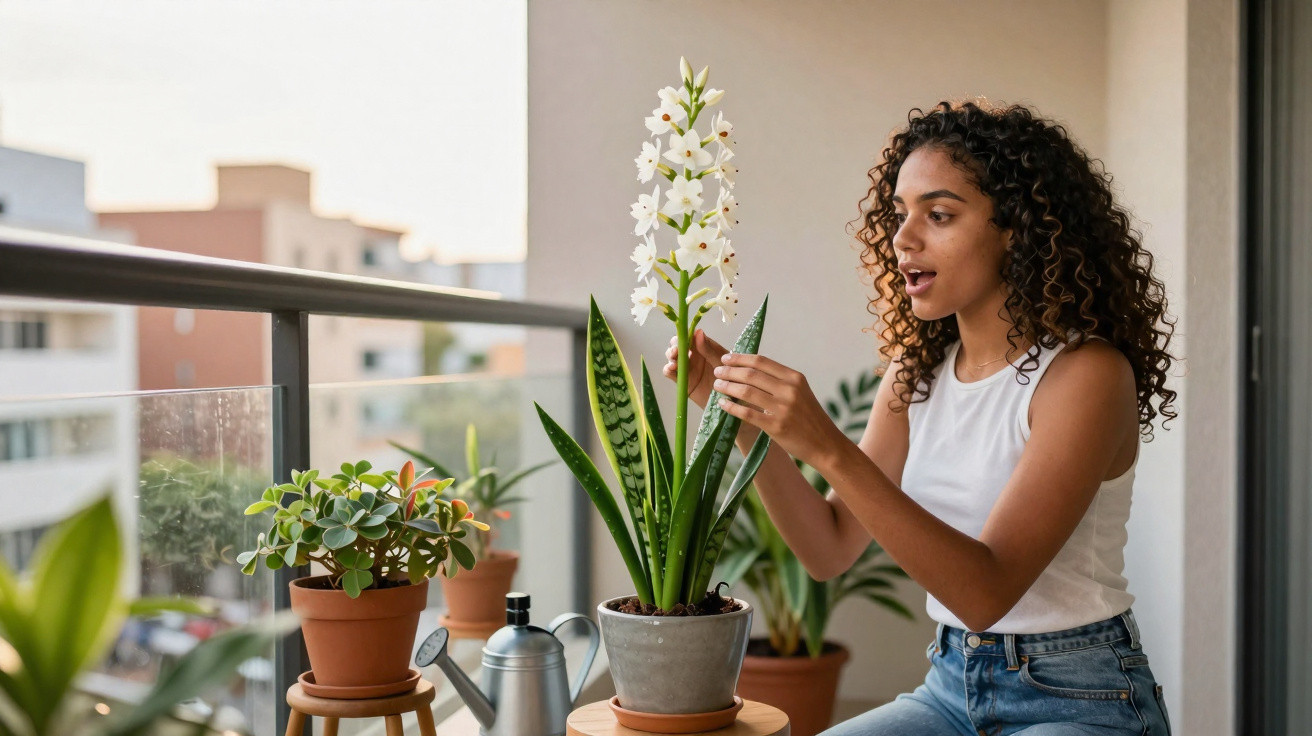 Mulher cuidando de planta com flores brancas no vaso em varanda de apartamento ao entardecer.