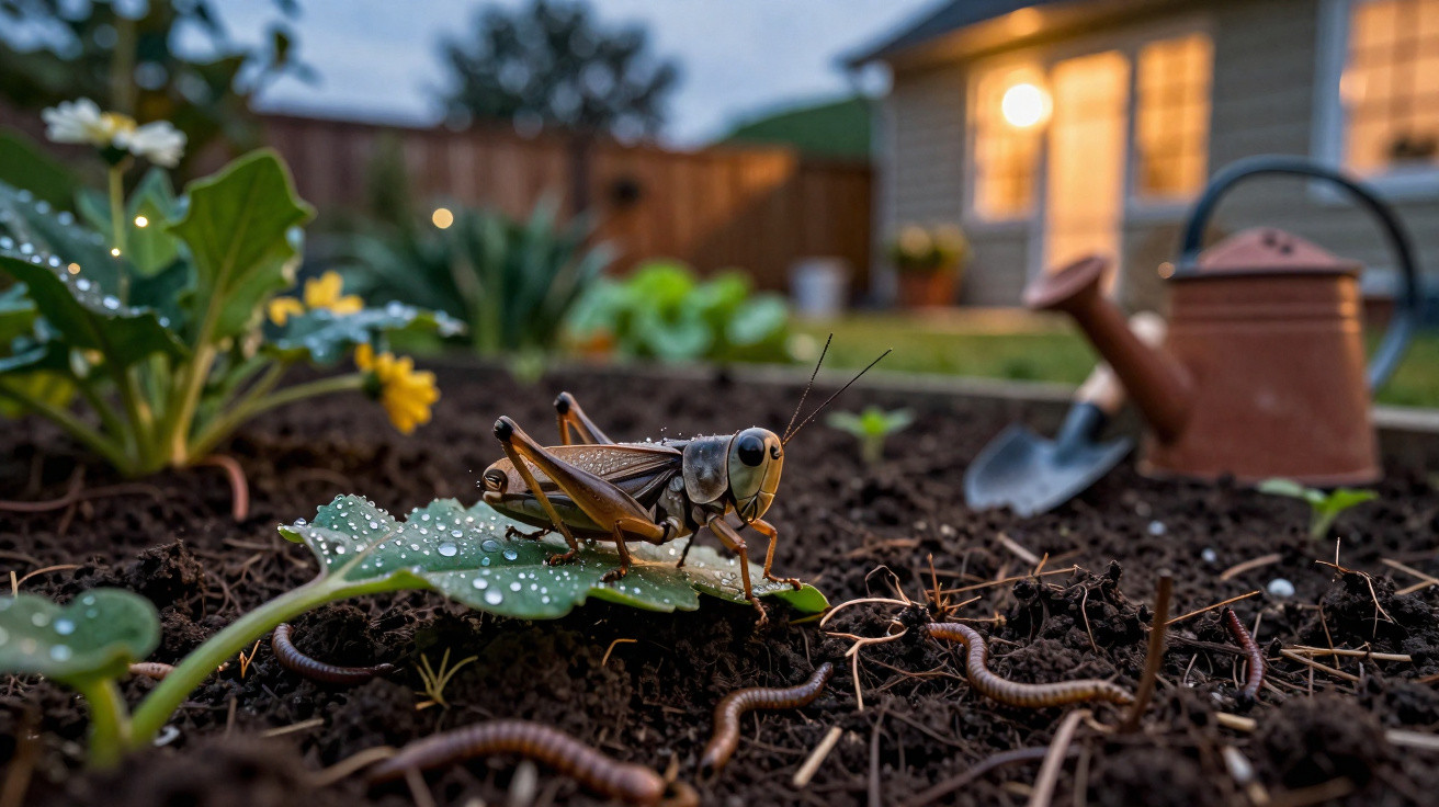 Gafanhoto sobre folha com gotas de orvalho em jardim com terra, minhocas, regador, pá e casa ao fundo.