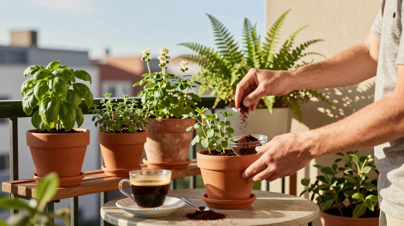 Pessoa adiciona terra a vaso de planta em varanda com outras plantas e uma xícara de café sobre a mesa.