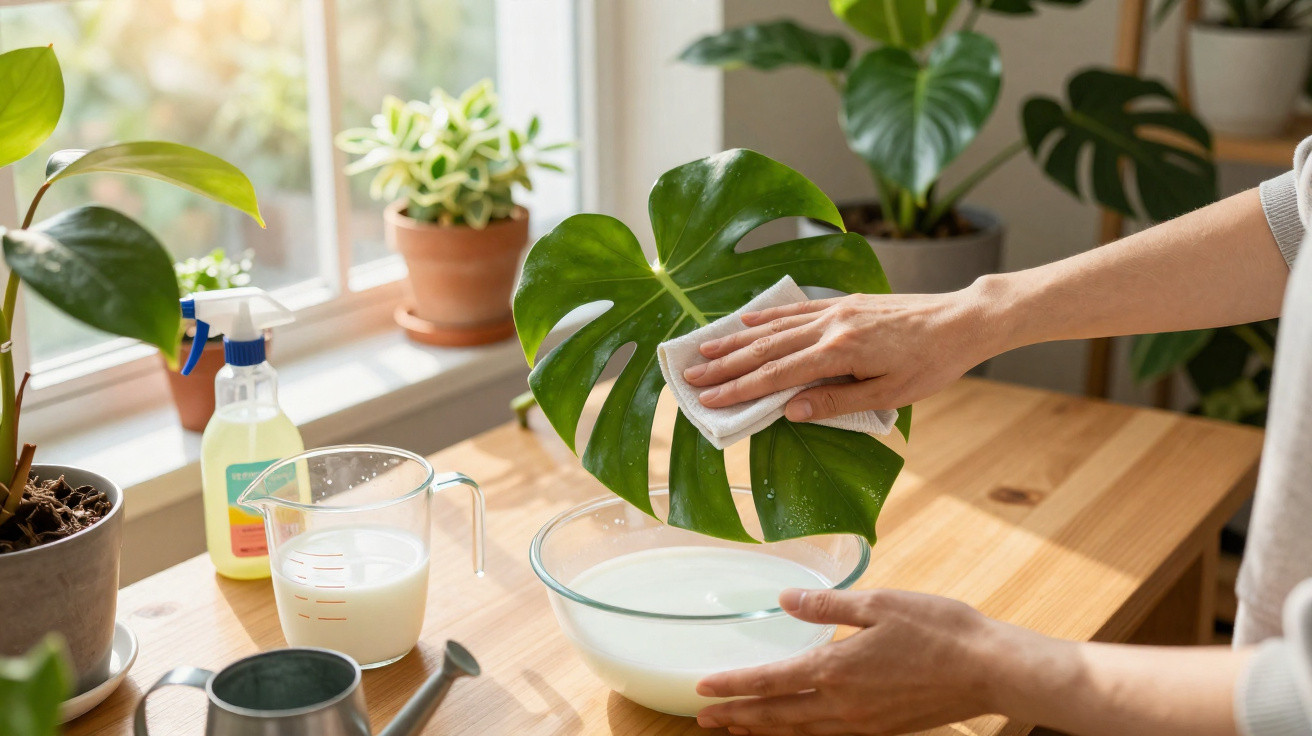Pessoa limpando a folha de uma planta com um pano branco ao lado de solução em um bowl e regador na mesa.
