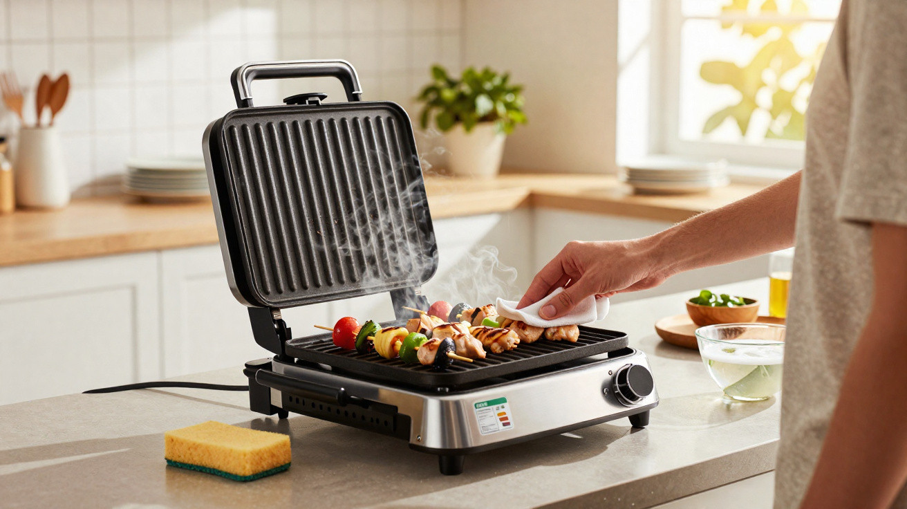 Pessoa limpando churrasqueira elétrica com espetinhos de legumes e carnes na cozinha iluminada.