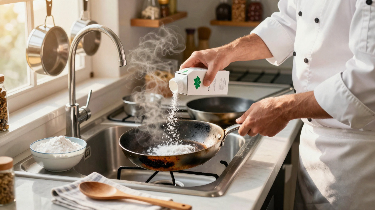 Pessoa vestindo avental branco adiciona sal em frigideira com vapor no fogão da cozinha.