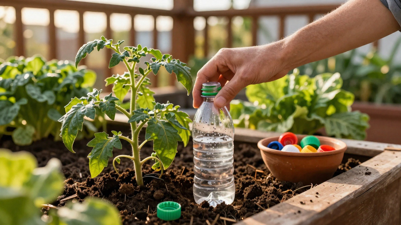 Mão colocando garrafa plástica pequena com água ao lado de muda de planta em canteiro de terra.