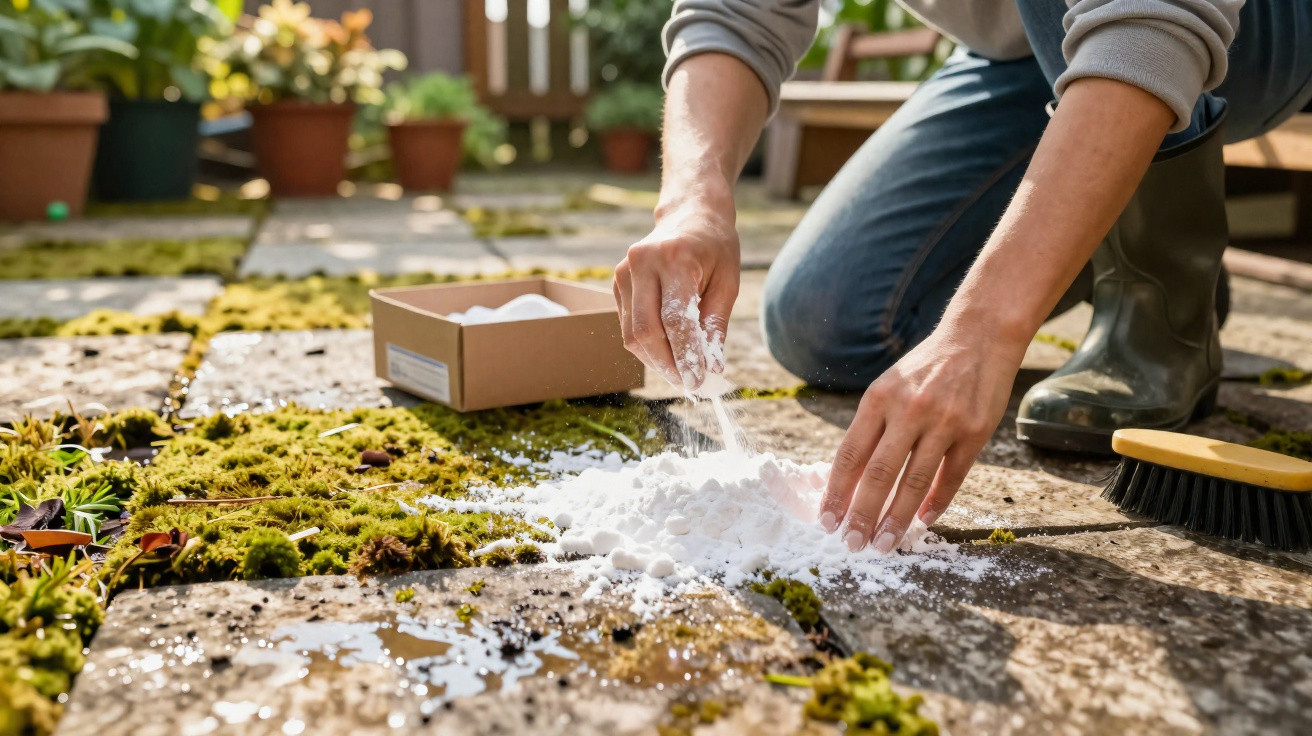 Pessoa aplicando pó branco para remover musgo em piso de pedras no jardim.