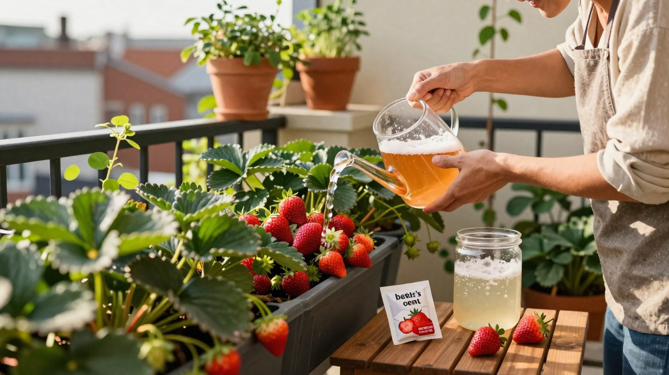 Pessoa regando planta de morango em vaso na varanda com regador transparente e sacola de chá ao lado.