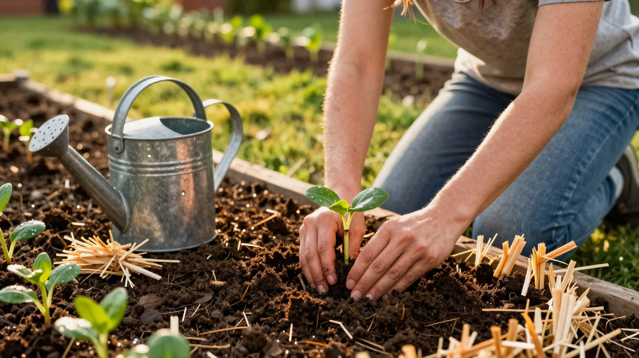 Pessoa plantando muda em canteiro de terra com regador metálico ao lado em jardim ensolarado.