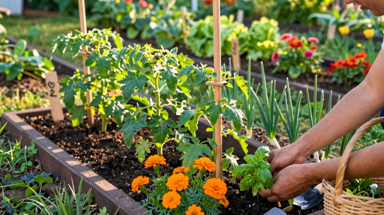 Pessoa cuidando de plantas e flores em um canteiro elevado em jardim ensolarado.