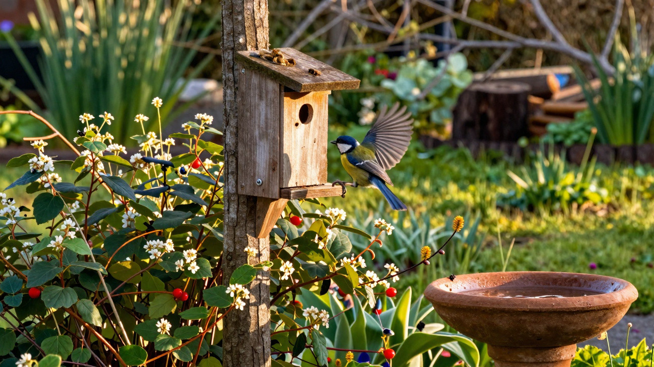 Pássaro azul e amarelo voa em direção a uma casinha de madeira em jardim com flores e plantações.