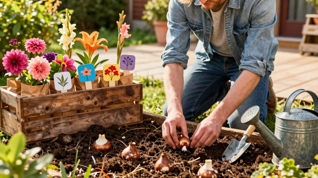 Pessoa plantando bulbos de flores em canteiro de terra em jardim ensolarado, com regador e flores ao lado.