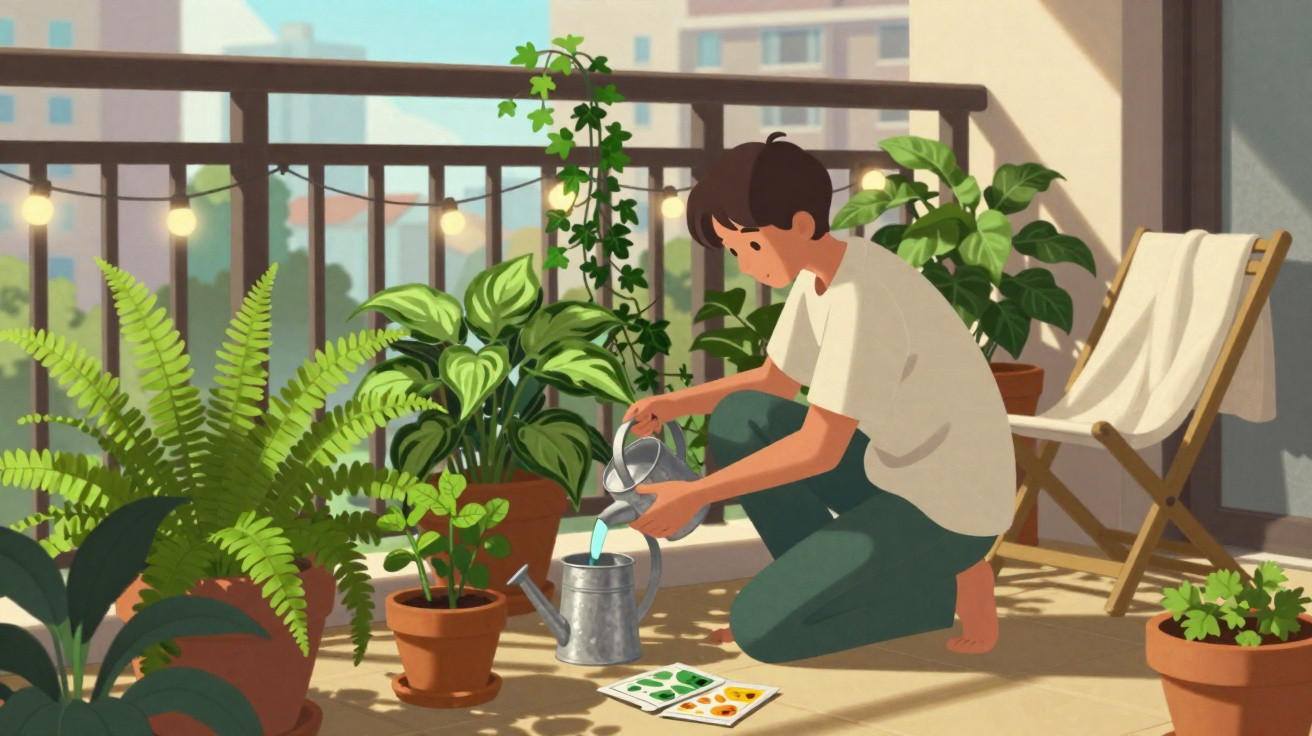 Pessoa regando plantas em varanda com vários vasos e luzes decorativas ao fundo.