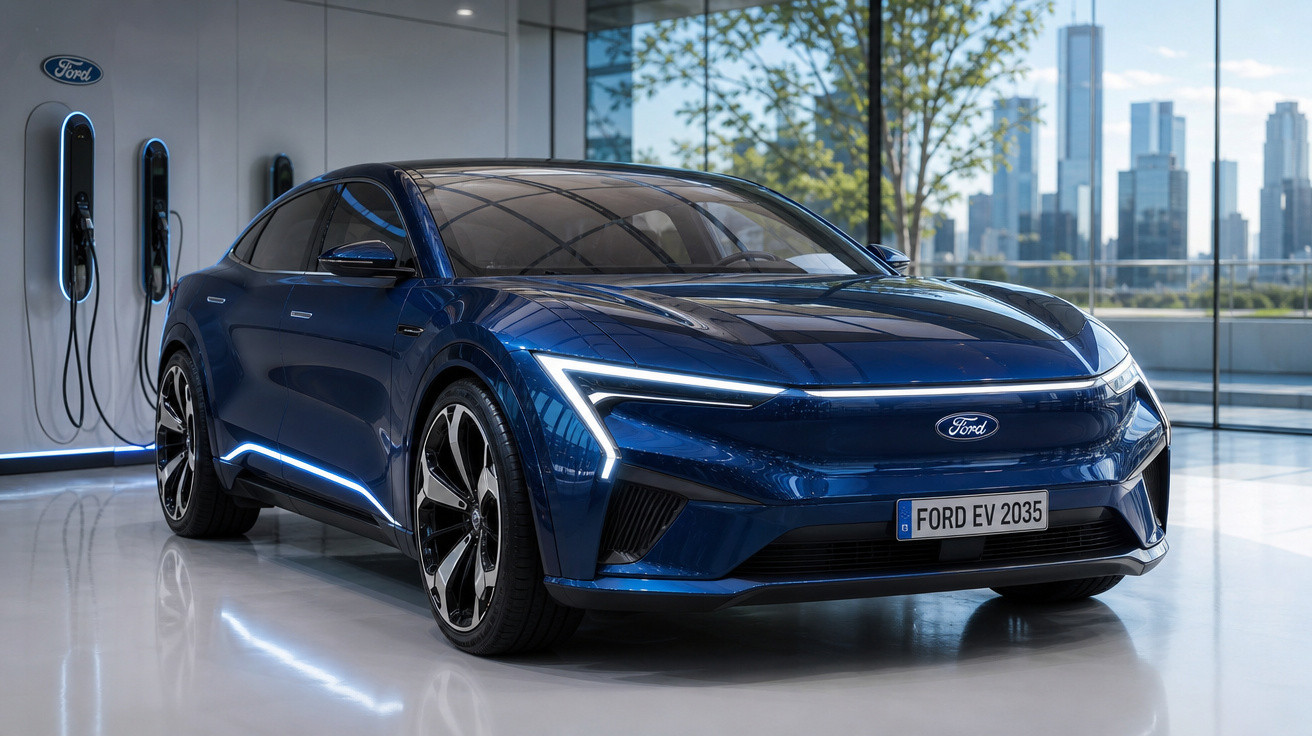 Carro elétrico azul da Ford modelo EV 2035 em showroom moderno com pontos de recarga ao fundo.