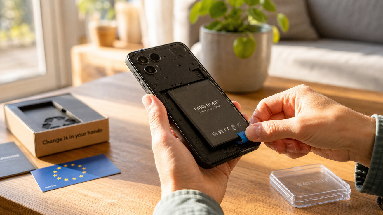 Mãos removendo a bateria de um celular Fairphone em uma mesa de madeira com planta ao fundo.