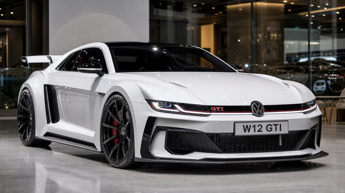 Carro esportivo branco Volkswagen GTI W12 com design moderno e aerodinâmico em showroom.