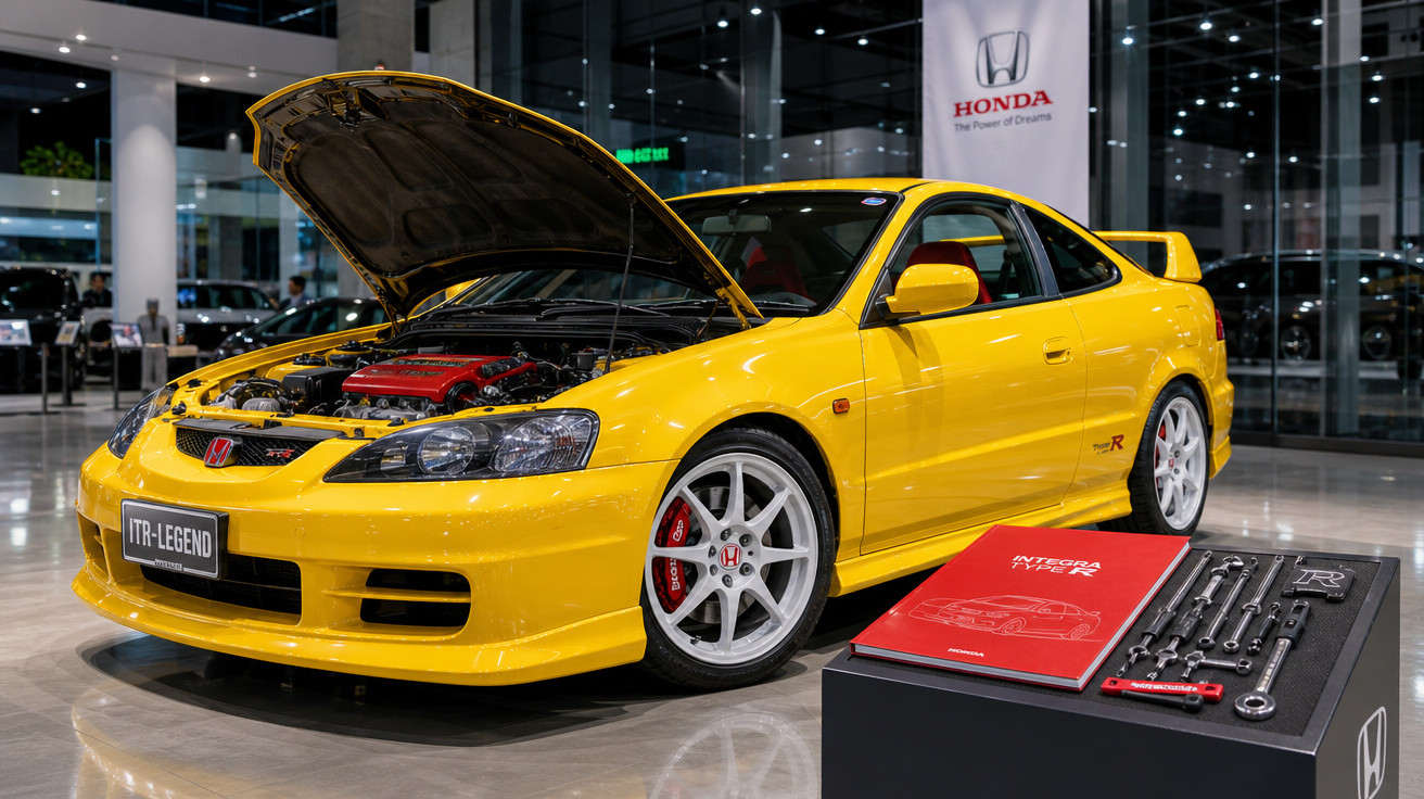 Carro esportivo Honda Integra Type R amarelo com capô aberto em showroom, ao lado de manual e ferramentas.