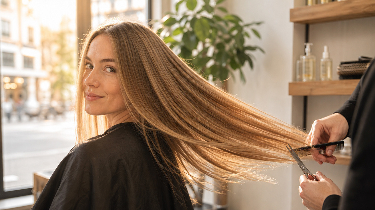 Mulher sorridente com cabelo longo sendo cortado por cabeleireiro em salão iluminado.