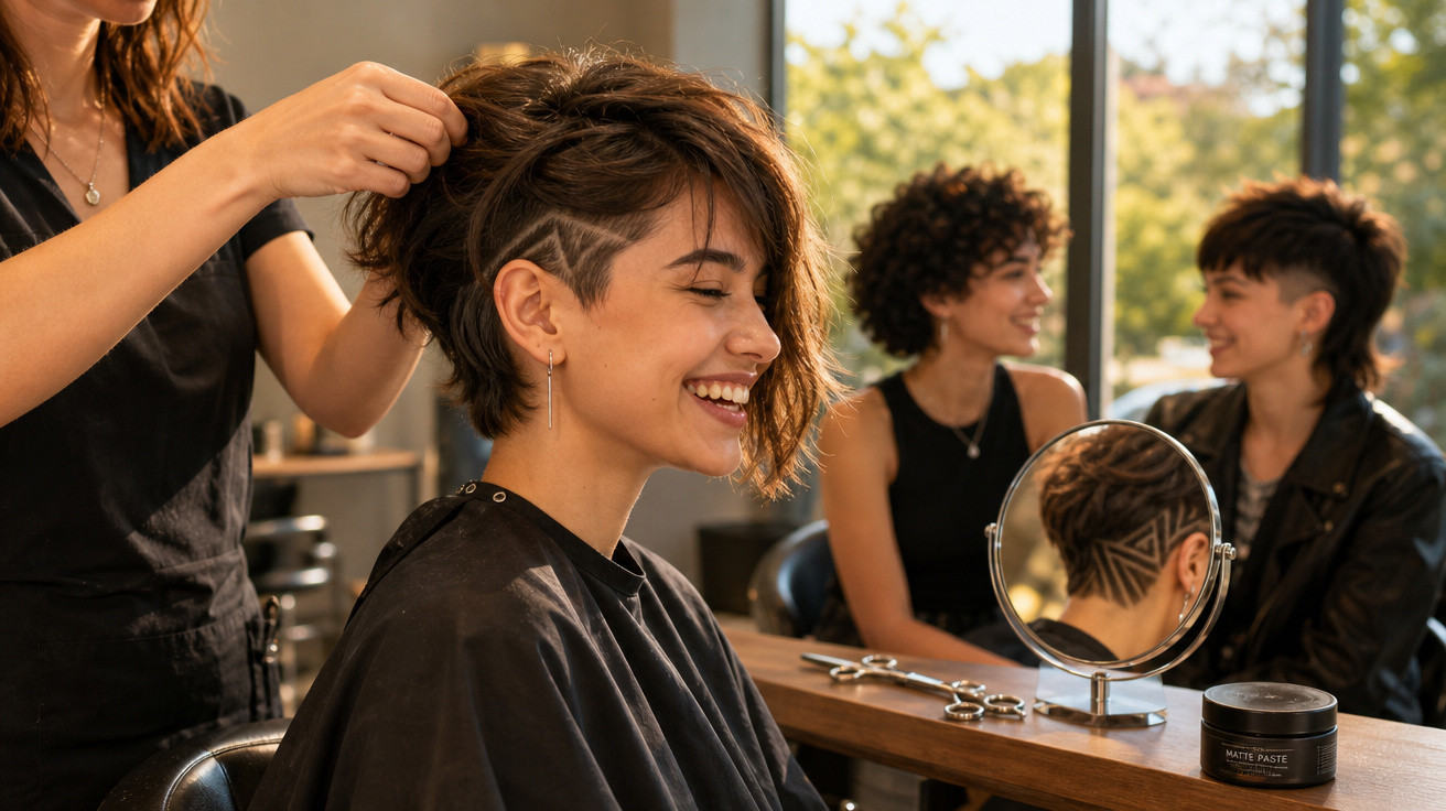Jovem sorridente fazendo penteado com risca geométrica na lateral do cabelo em salão moderno.
