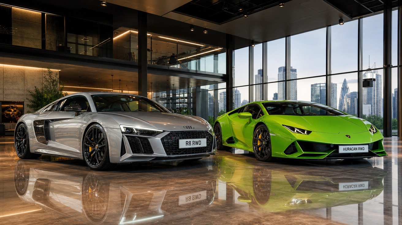 Carros esportivos Audi R8 prata e Lamborghini Huracan verde expostos em showroom moderno e iluminado.