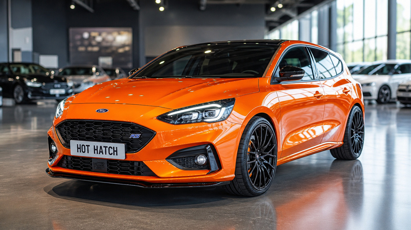 Carro hatchback esportivo laranja Ford RS em exposição interna com rodas pretas e placa "HOT HATCH".
