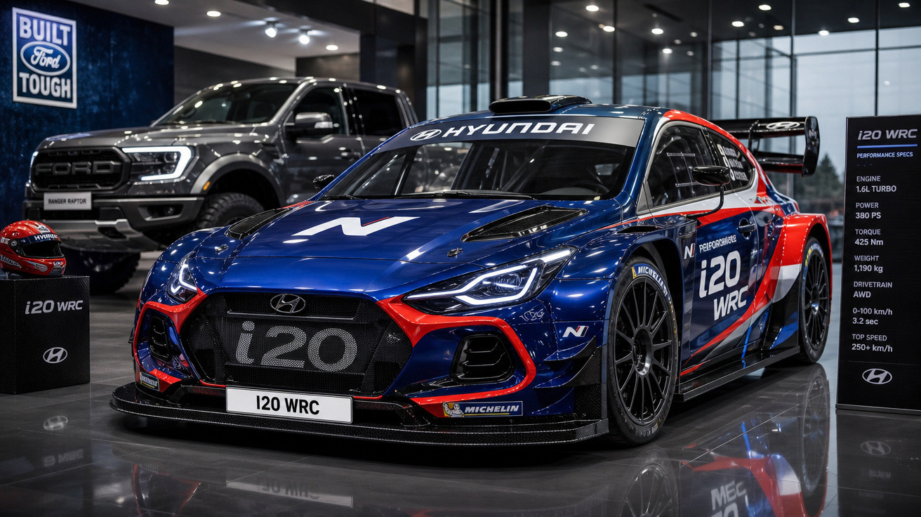 Carro de corrida Hyundai i20 WRC azul com detalhes vermelhos em exposição em showroom moderno.