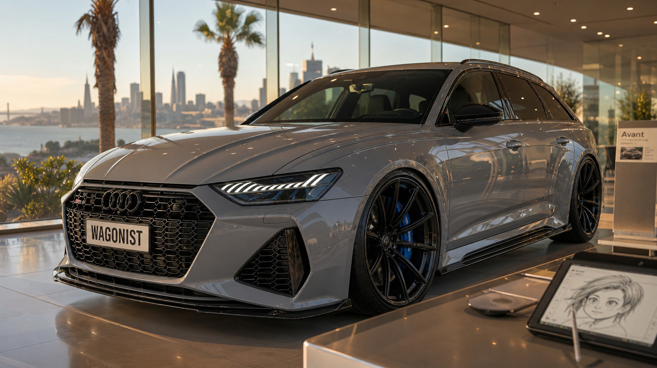 Carro Audi Avant cinza estacionado em showroom com vista de cidade ao fundo e luz natural entrando pelas janelas.