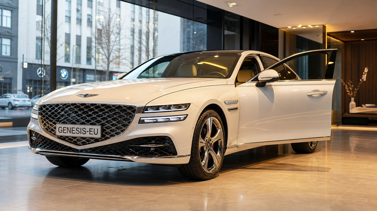 Carro branco Genesis-EU exibido em showroom com porta dianteira direita aberta.