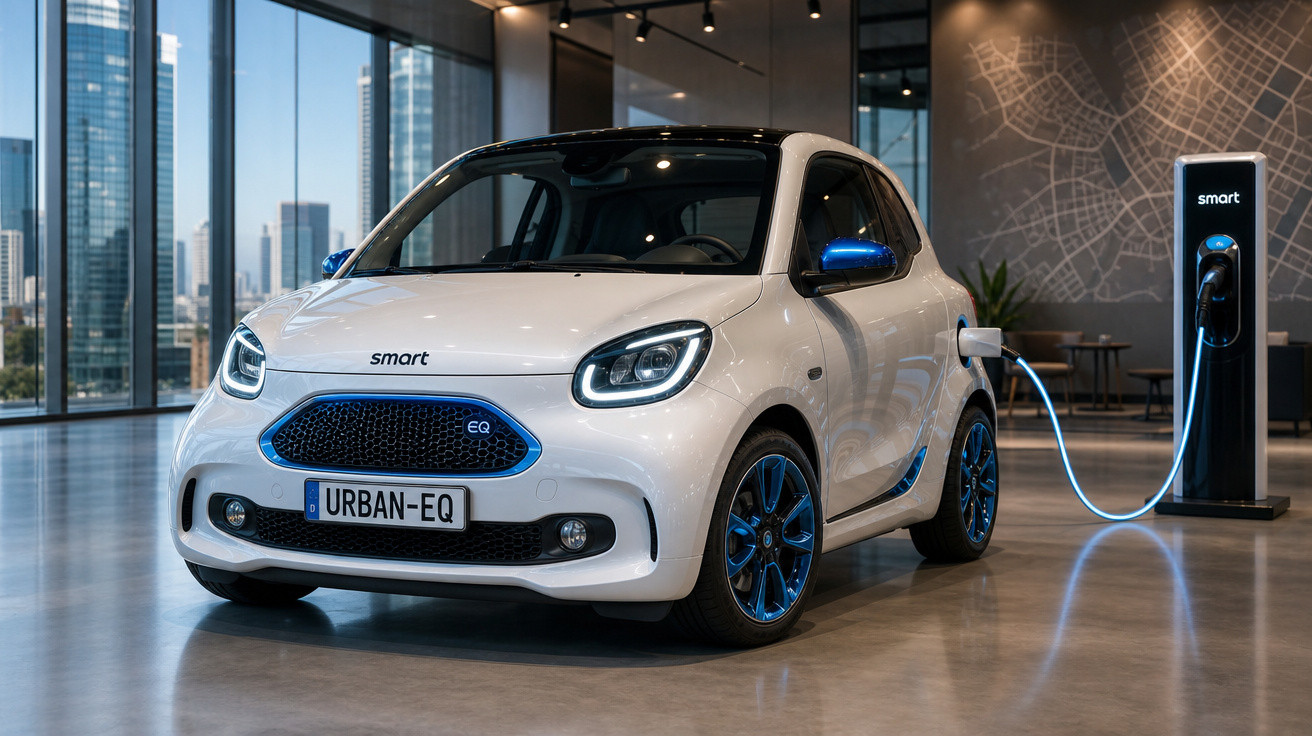 Carro elétrico branco Smart EQ sendo carregado em ponto de recarga interno em ambiente urbano moderno.