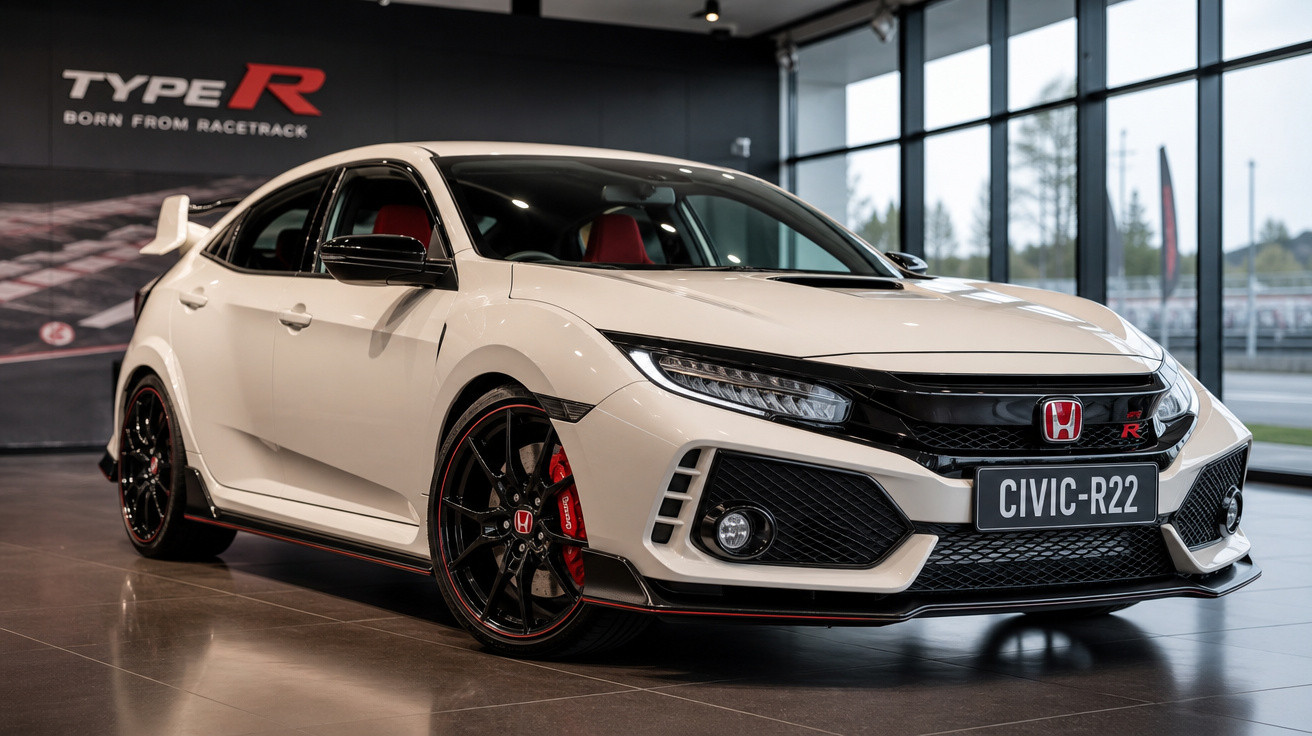 Carro Honda Civic Type R branco exibido em showroom com rodas pretas e detalhes vermelhos.