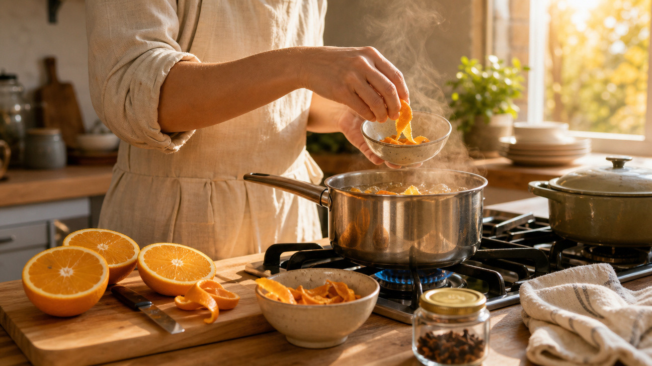 Pessoa acrescenta cascas de laranja em panela com vapor no fogão em cozinha iluminada pela luz do sol.
